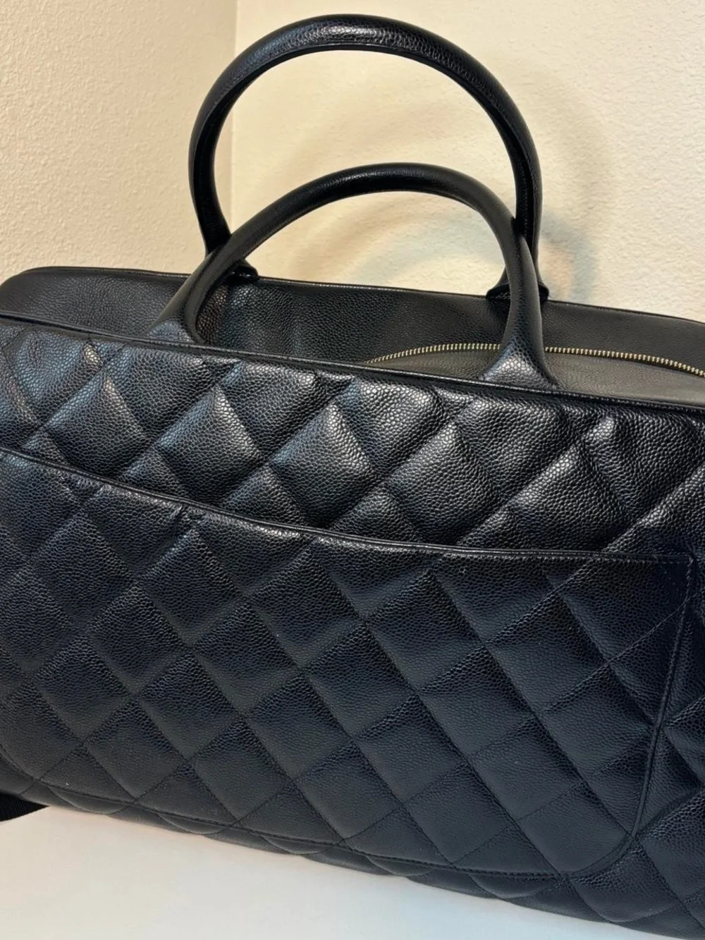 CHANEL Black Quilted Caviar Leather Tote with CC Emblem